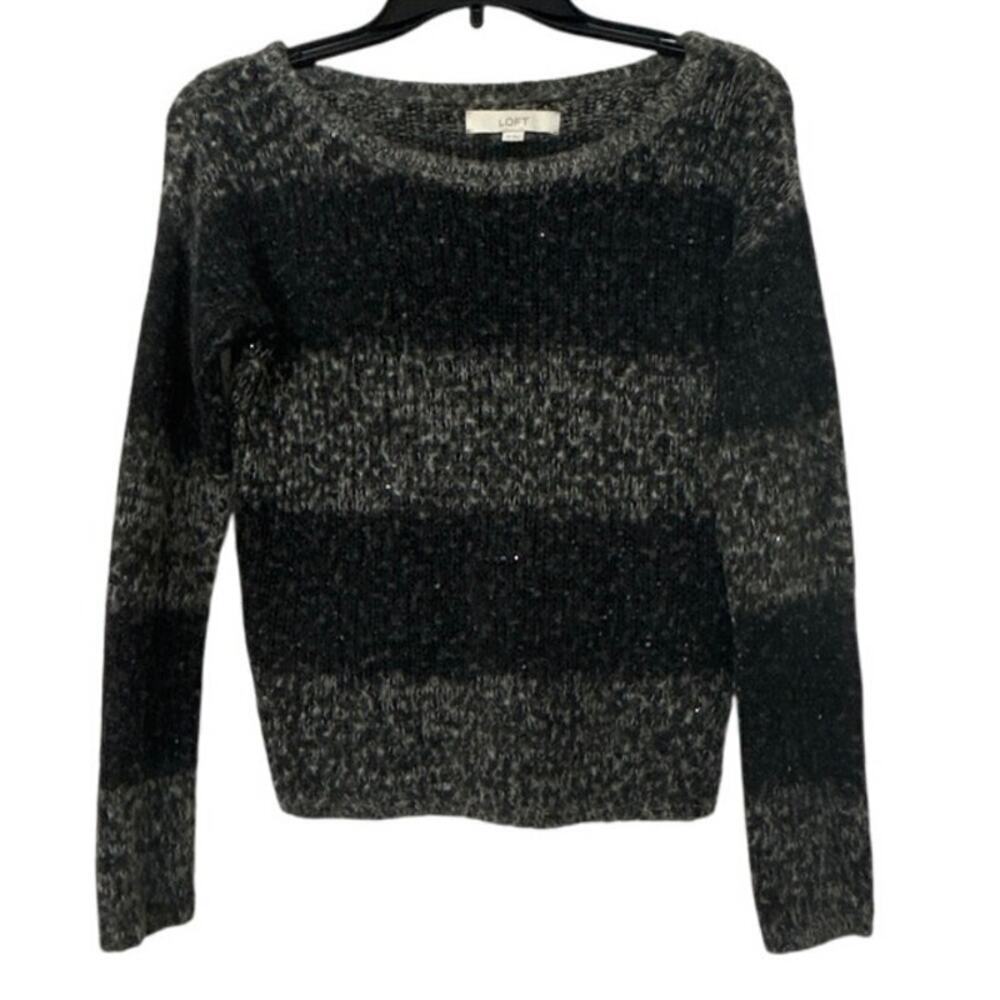 Ann Taylor LOFT XS Fuzzy Ombre Striped Sweater Gray Black Sparkle Alpaca Wool